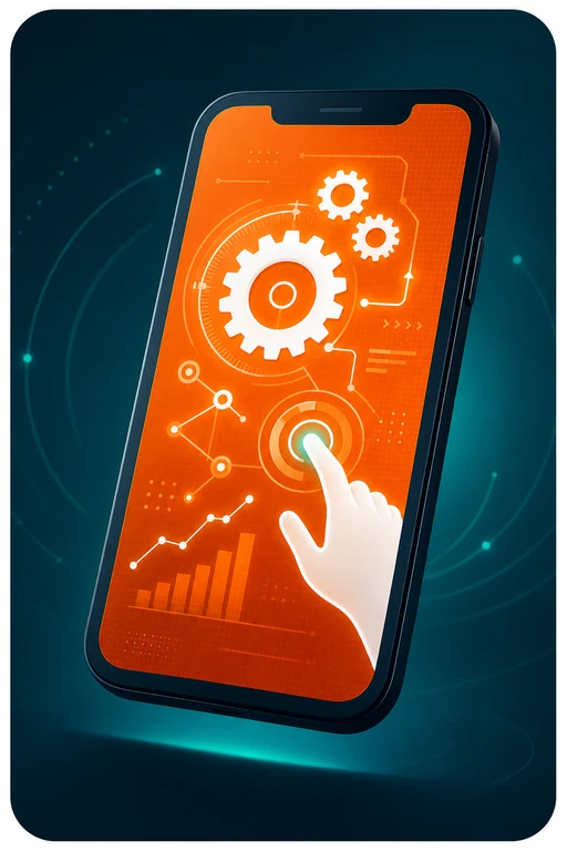 Phone screen with optimization gears and signal paths.
