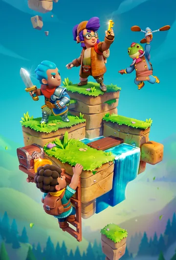 Adventure game party exploring floating islands with a treasure chest.